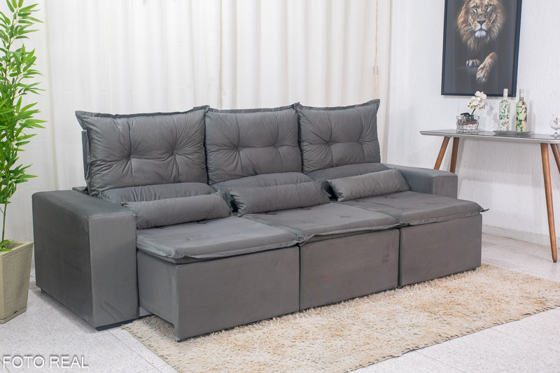 Sofá Retrátil e Reclinável Carol 2.60m Veludinho Cinza