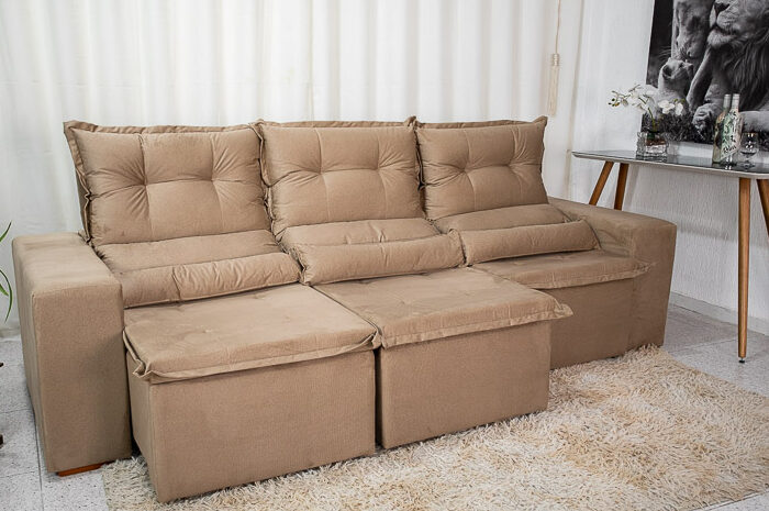Sofá Retrátil Reclinável New Carol 2.60m Bege 10 - Imagem 4