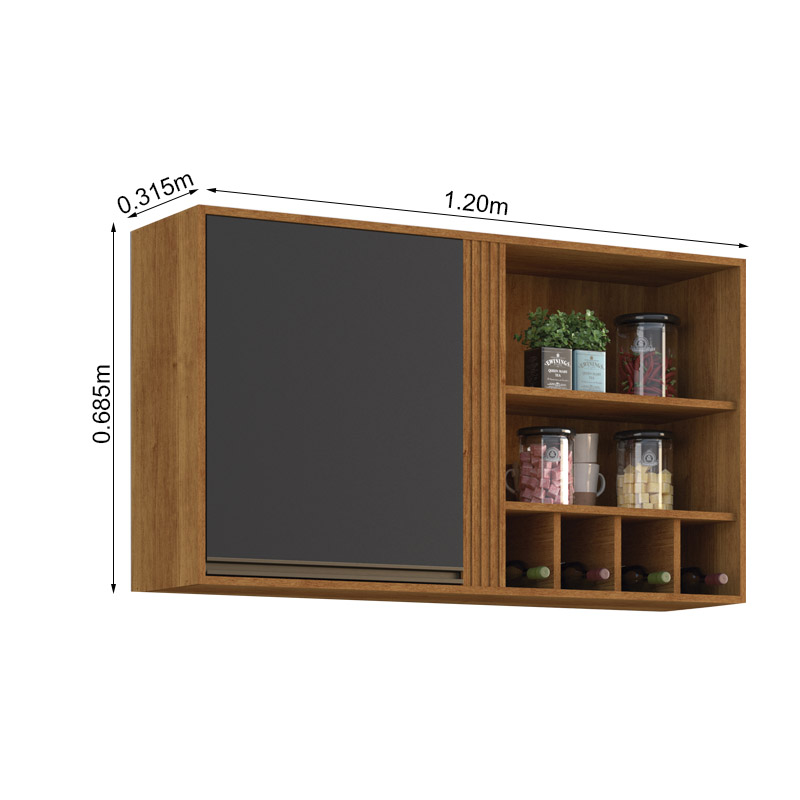 Armário Aéreo Cozinha Pérola Larg. 1.20m Cinamomo/Grafite Sallêto - Imagem 4