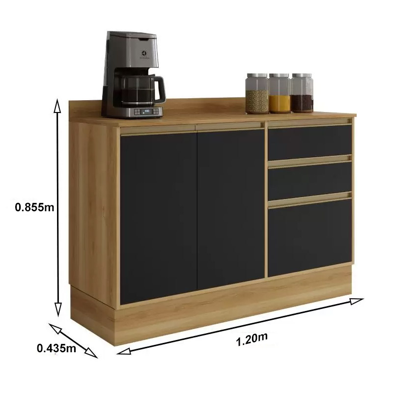 Balcão Barcelona 1.20m 3 Portas 2 Gavetas Carvalho/Grafite Sallêto - Imagem 3