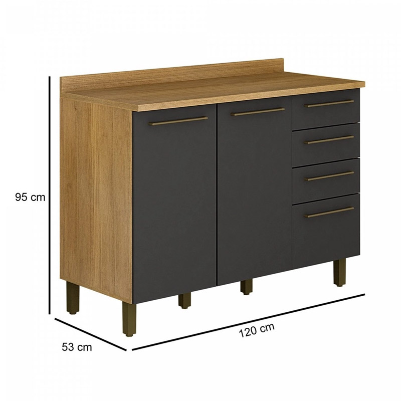 Balcão Tarantela 2 Portas 4 Gavetas Cinamomo/Grafite Larg. 1.20m Valdemóveis - Imagem 3