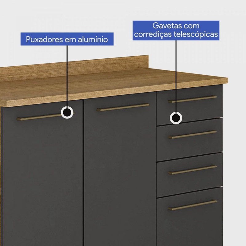 Balcão Tarantela 2 Portas 4 Gavetas Cinamomo/Grafite Larg. 1.20m Valdemóveis - Imagem 4