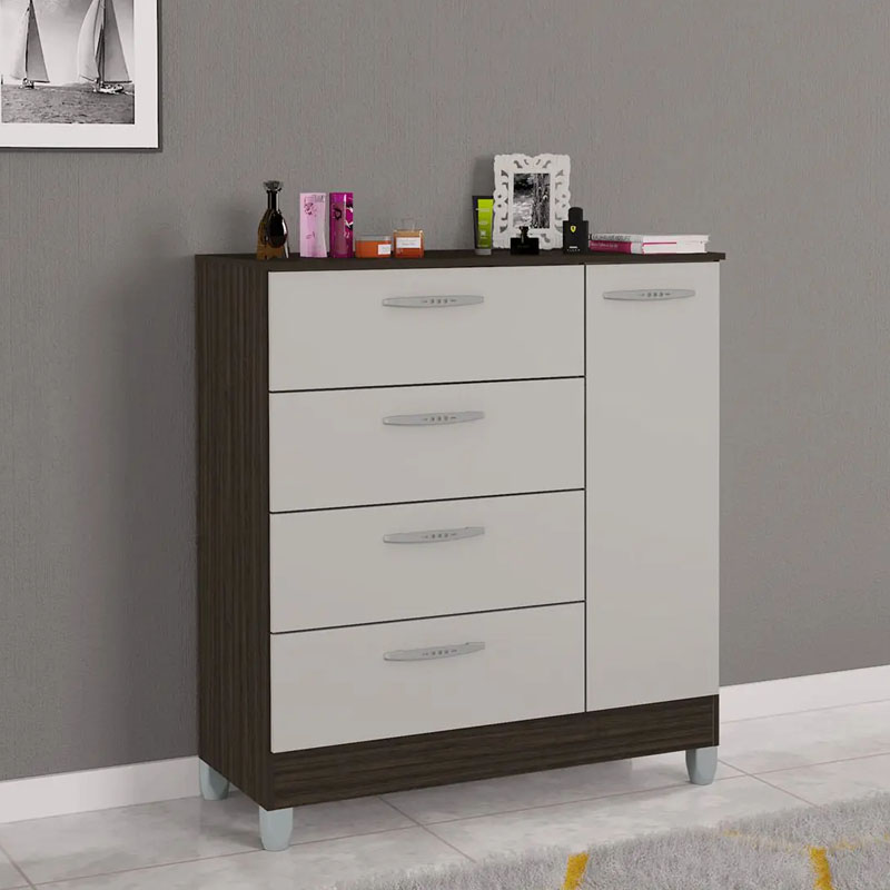 Cômoda com 1 Porta 4 Gavetas Chocolate/Off White Poquema