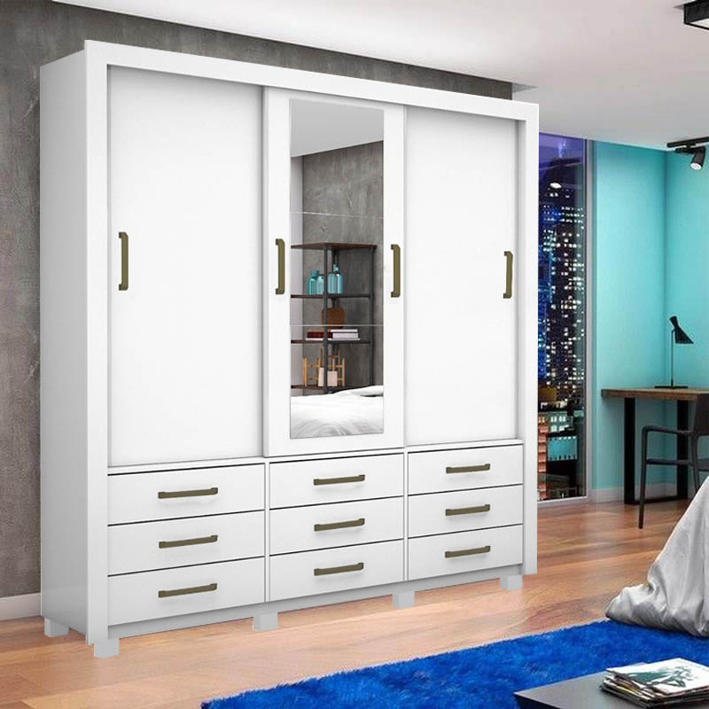 Roupeiro Anjos 3 Portas 9 Gav. Espelho Larg. 1.91 m Branco Carioca