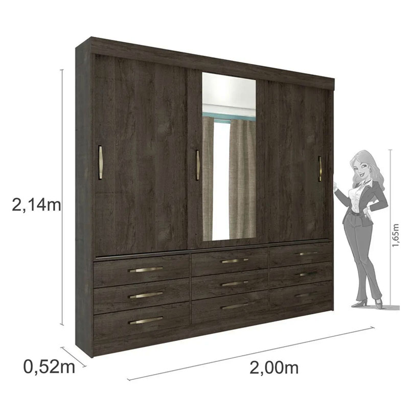 Roupeiro Chicago 3 Portas Larg. 1.99m c/Espelho Cumaru Rústico Tcil - Imagem 3
