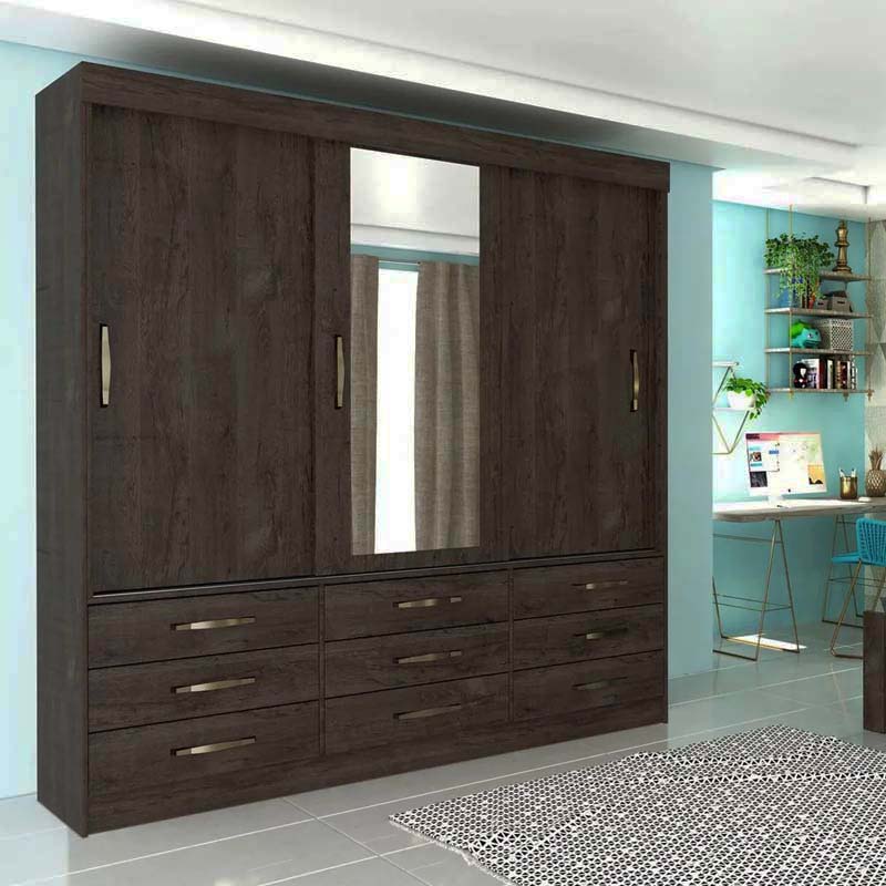 Roupeiro Chicago 3 Portas Larg. 1.99m c/Espelho Cumaru Rústico Tcil