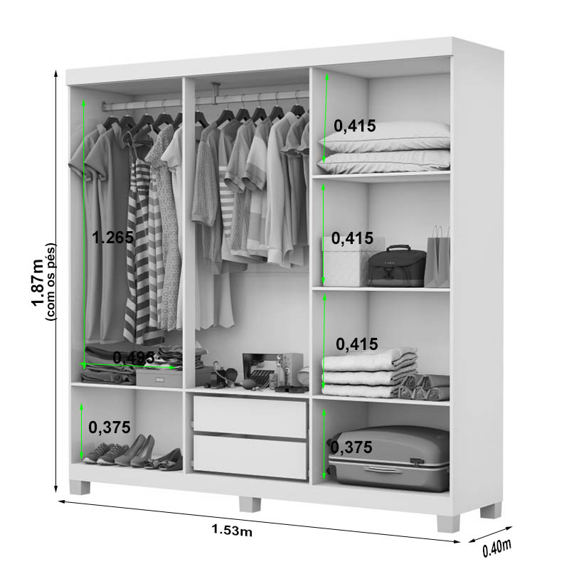 Roupeiro Recife Larg. 1.53m 6 Portas 2 Gavetas Cinamomo/Branco Carioca - Imagem 2