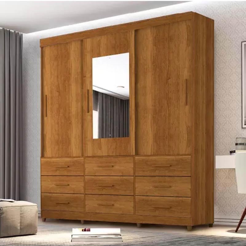 Roupeiro New Star 3 Portas 9 Gavetas Com Espelho Cinamomo Sallêto
