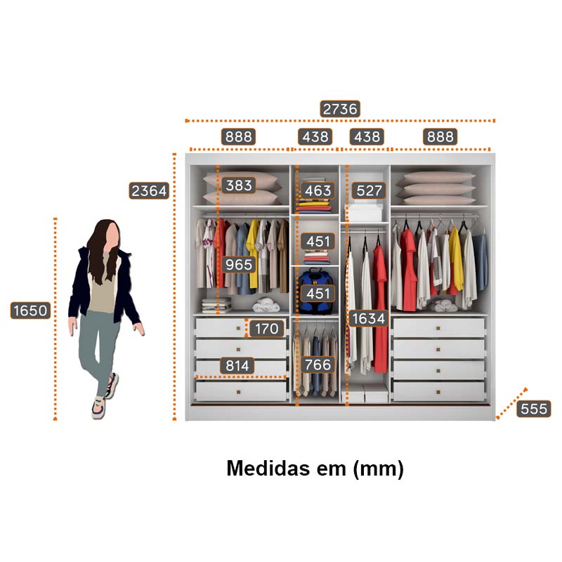 Roupeiro 3 Pts 8 Gav. Sollo Plus c/Espelho 100% MDF Branco Larg. 2.73m Novo Horizonte - Imagem 3