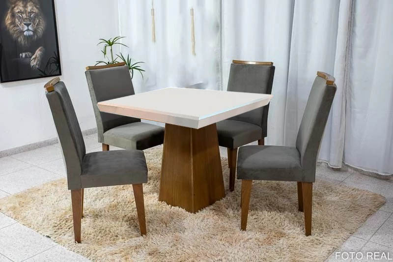 Mesa Jantar Luna Imbuia Tampo Vidro Off 90×90 4 Cadeiras Lunara Veludo Grafite Rufato