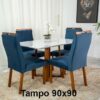 Mesa Pedro Mel Tampo Vidro Off 90×90 4 Cadeiras Lisboa Veludo Azul 503 Art Assento - Madeira Maciça