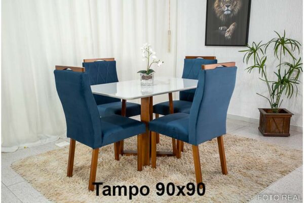 Mesa Pedro Mel Tampo Vidro Off 90×90 4 Cadeiras Lisboa Veludo Azul 503 Art Assento - Madeira Maciça