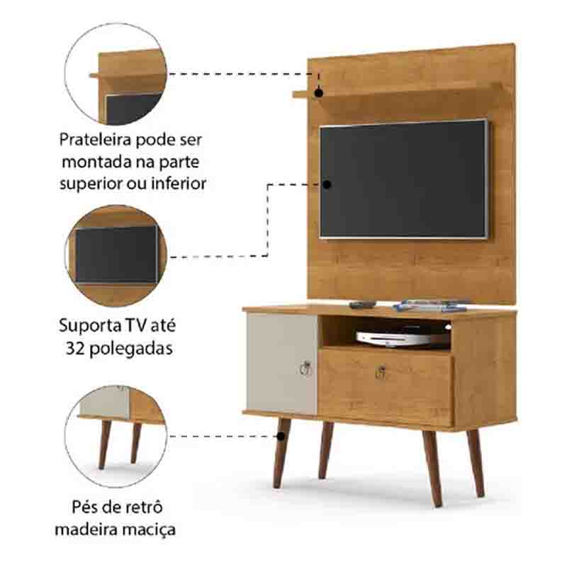 Rack +Painel Yan Larg. 0.90m Cinamomo/Off White Patrimar - Imagem 3