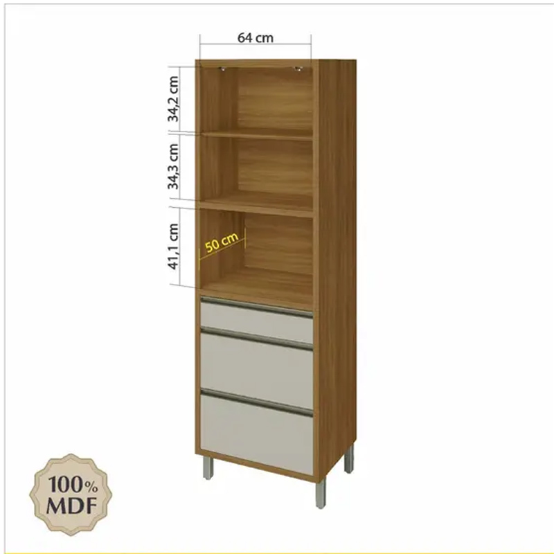 Paneleiro Baronesa 2 Portas 3 Gavetas Larg. 1.20m 100% MDF Freijó/Off Nesher - Imagem 2