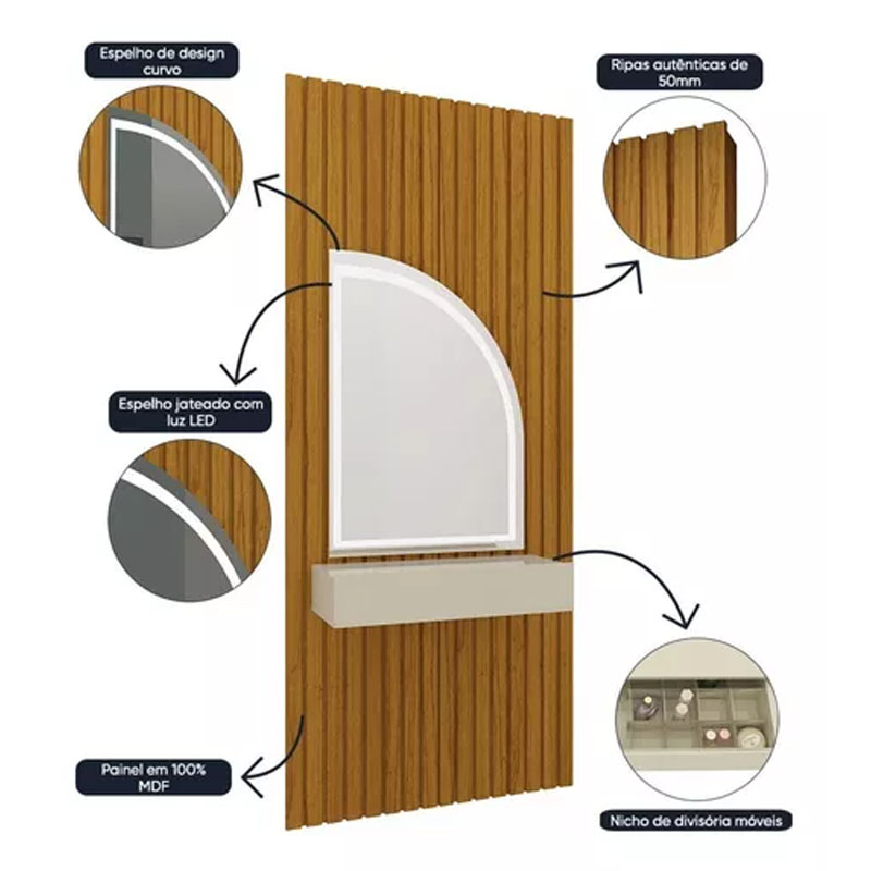 Penteadeira Realeza Ripada Larg. 0.94m C/ Espelho e LED Naturale/Off Gelius - Imagem 2