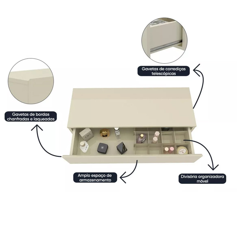 Penteadeira Realeza Ripada Larg. 0.94m C/ Espelho e LED Naturale/Off Gelius - Imagem 3