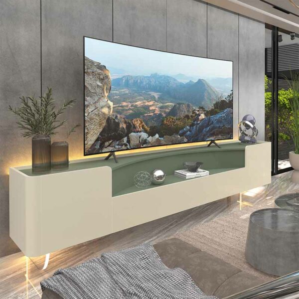 Rack Infinity 100% MDF Larg. 2.30m C/ Pés de Vidro Off/Verde Floresta Gelius