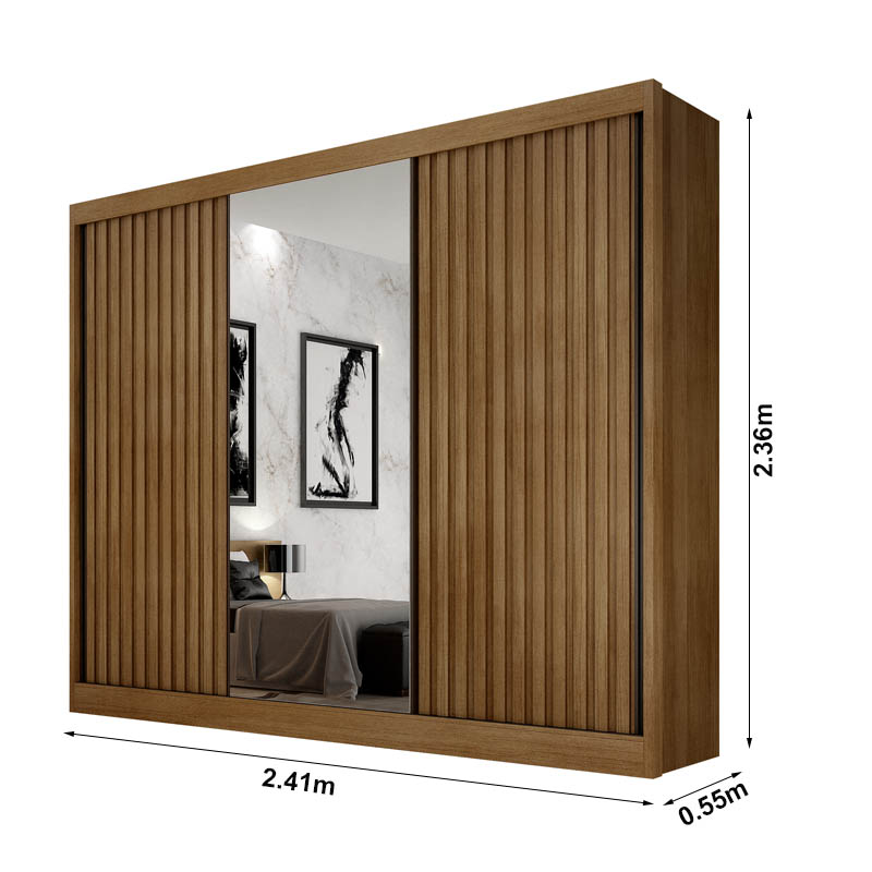 Roupeiro Canastra 3 Portas C/1Espelho 100% MDF Ripado Larg. 2.41m Cumaru - Novo Horizonte - Imagem 3