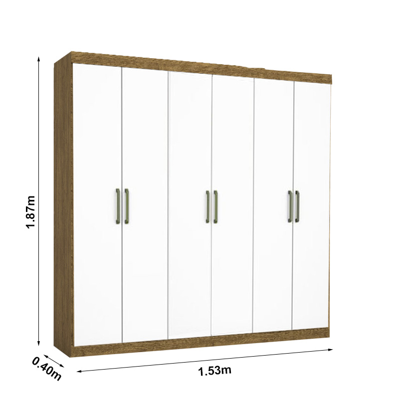 Roupeiro Recife Larg. 1.53m 6 Portas 2 Gavetas Cinamomo/Branco Carioca - Imagem 3