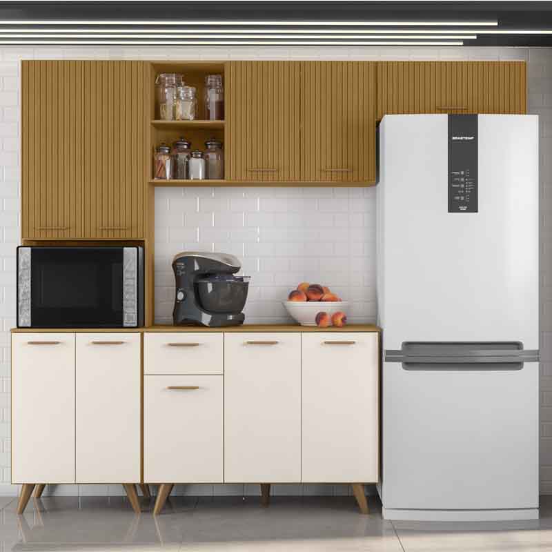 Armário Cozinha Olinda 4 Peças Paneleiro + Aéreo 1.05m + Balcão e Aéreo de Geladeira Freijó/Off Poliman
