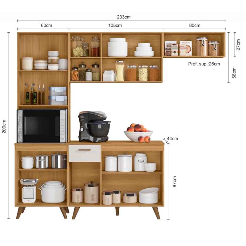 Armário Cozinha Olinda 4 Peças Paneleiro + Aéreo 1.05m + Balcão e Aéreo de Geladeira Freijó/Off Poliman - Imagem 2