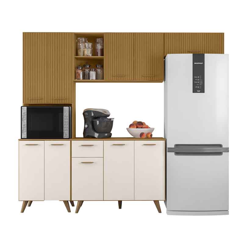 Armário Cozinha Olinda 4 Peças Paneleiro + Aéreo 1.05m + Balcão e Aéreo de Geladeira Freijó/Off Poliman - Imagem 3