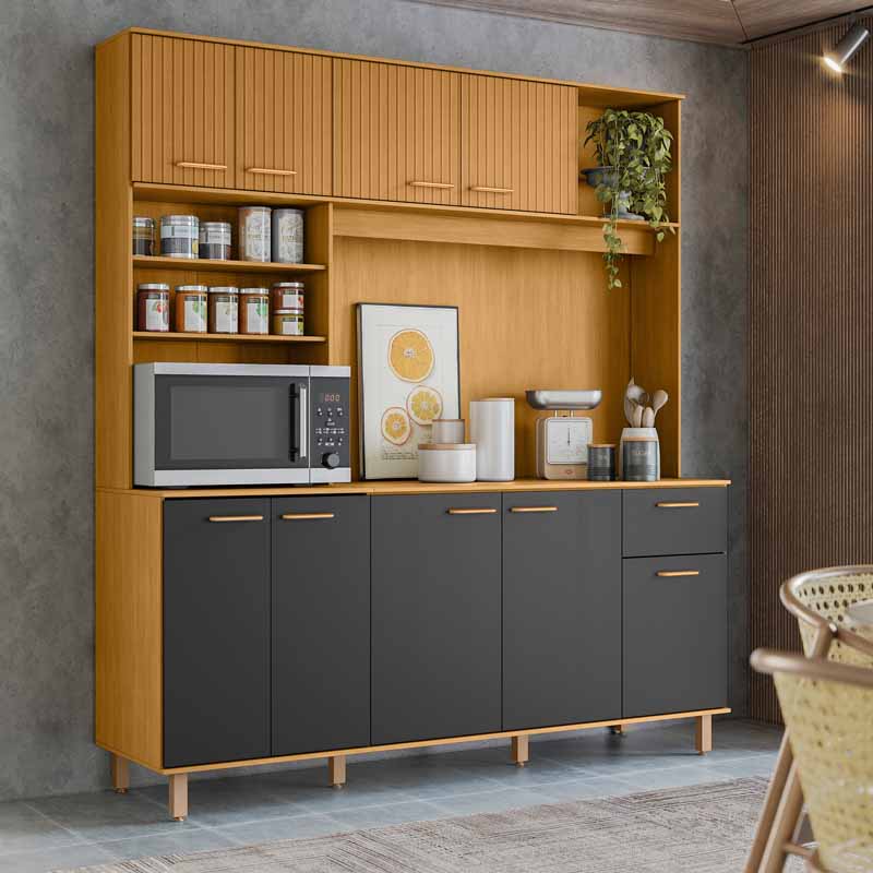 Kit Cozinha Núria Ripado 3D 9 Portas 1 Gaveta Larg. 1.80m Freijó/Grafite Poliman