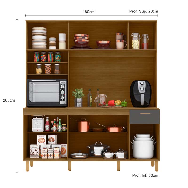 Kit Cozinha Núria Ripado 3D 9 Portas 1 Gaveta Larg. 1.80m Freijó/Grafite Poliman - Imagem 2