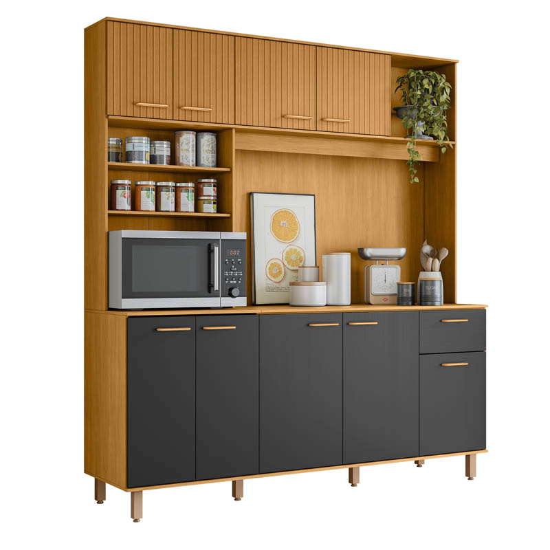 Kit Cozinha Núria Ripado 3D 9 Portas 1 Gaveta Larg. 1.80m Freijó/Grafite Poliman - Imagem 3