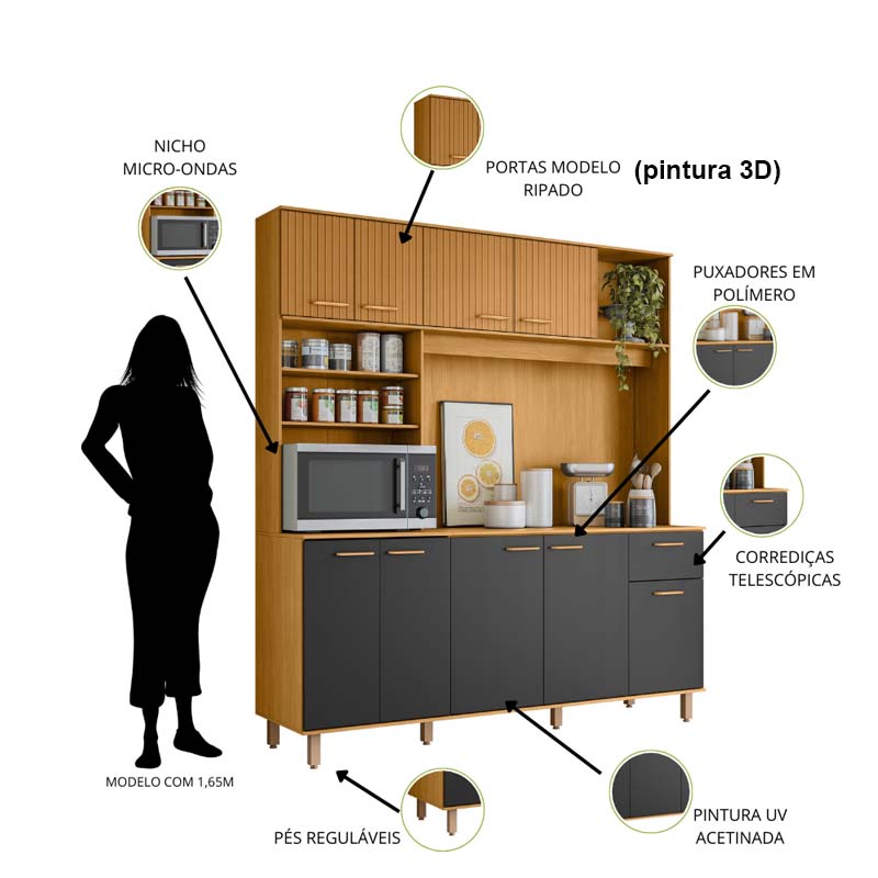 Kit Cozinha Núria Ripado 3D 9 Portas 1 Gaveta Larg. 1.80m Freijó/Grafite Poliman - Imagem 4