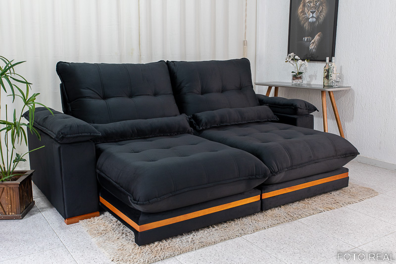 Sofá Retrátil Reclinável Ibis 2.50m Veludo Preto 820 - D33 e Molas Ensacadas