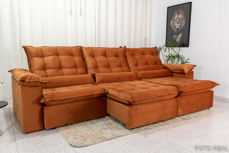 Sofá Retrátil Reclinável 3.20m Emanuelly Veludo Terracota 24 - D28 Soft - Imagem 2