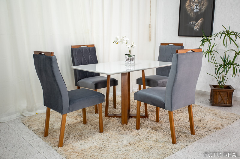 Mesa de Jantar Pedro Mel Tampo Vidro Off 120×80 4 Cadeiras Lisboa Veludo Cinza 507 Art Assento - Madeira Maciça