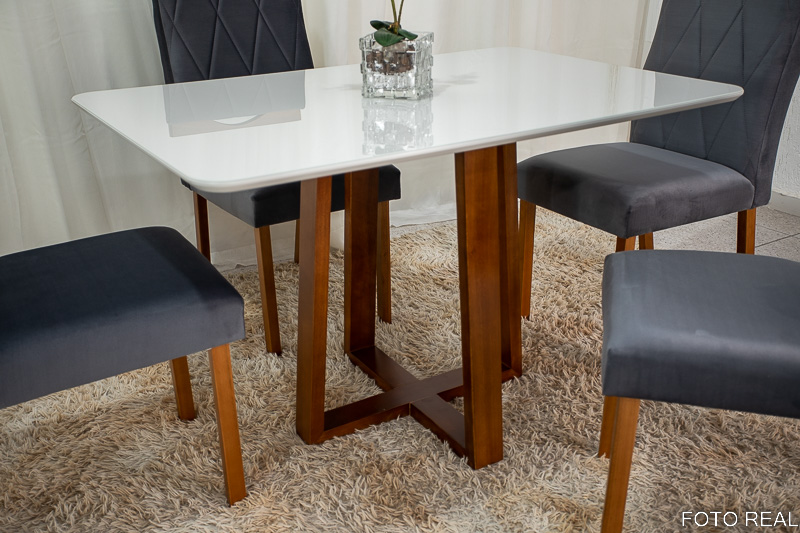 Mesa de Jantar Pedro Mel Tampo Vidro Off 120×80 4 Cadeiras Lisboa Veludo Cinza 507 Art Assento - Madeira Maciça - Imagem 2