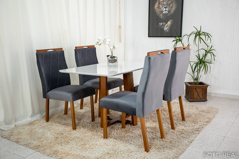 Mesa de Jantar Pedro Mel Tampo Vidro Off 120×80 4 Cadeiras Lisboa Veludo Cinza 507 Art Assento - Madeira Maciça - Imagem 3