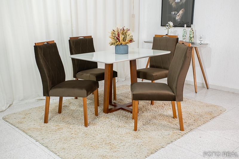 Mesa de Jantar Pedro Mel Tampo Vidro Off 120×80 4 Cadeiras Lisboa Veludo Marrom 509 Art Assento - Madeira Maciça