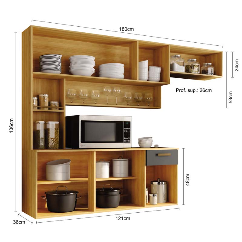 Kit Cozinha Suspensa Manu Larg. 1.80m Freijó/Grafite Poliman - Imagem 2