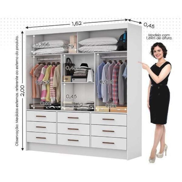 Alternative view of Roupeiro Sevilha 3 Portas 9 Gavetas C/Espelho Larg. 1.62m Branco Carioca