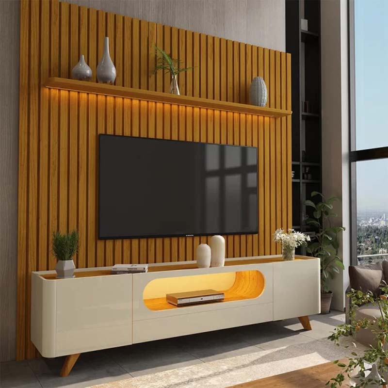 Rack Bancada Nobre Larg.2.10m + Painel Nobre Larg. 2.30m Ripado 100% MDF C/LED Naturale/Off Gelius