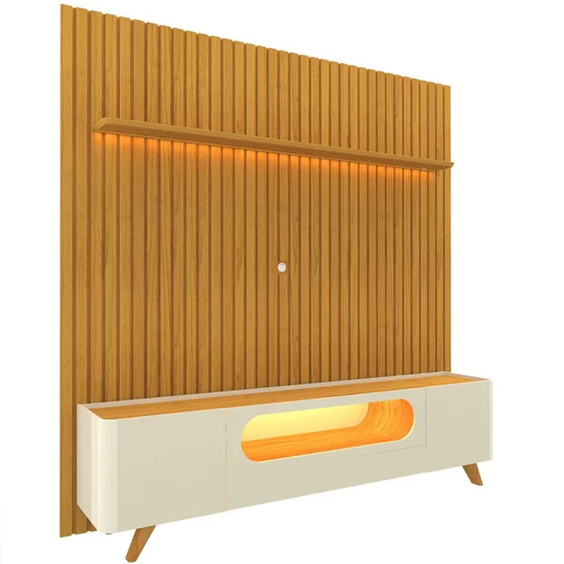 Rack Bancada Nobre Larg.2.10m + Painel Nobre Larg. 2.30m Ripado 100% MDF C/LED Naturale/Off Gelius - Imagem 2