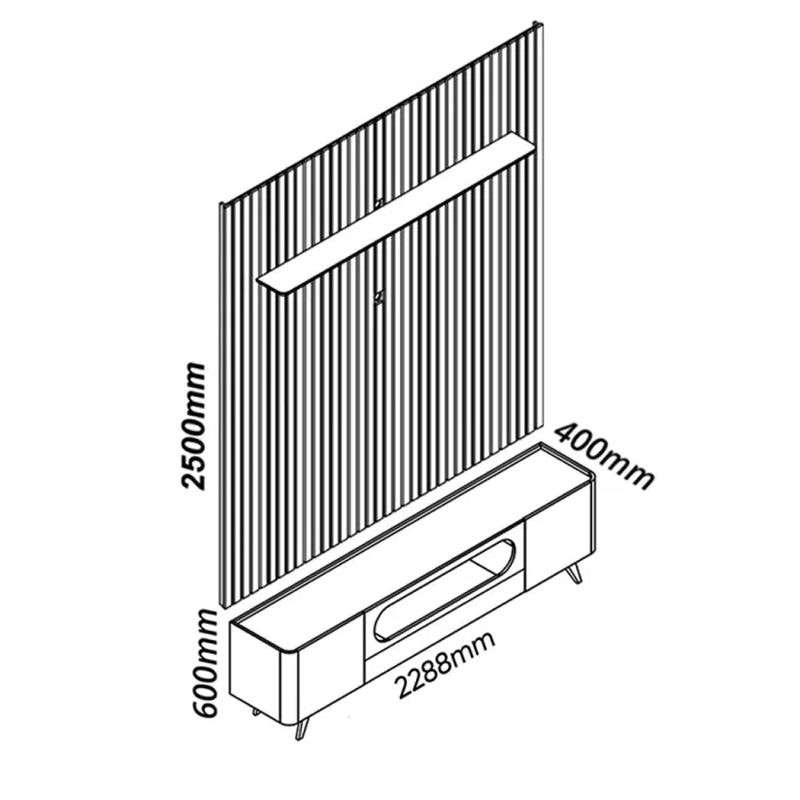 Rack Bancada Nobre Larg.2.10m + Painel Nobre Larg. 2.30m Ripado 100% MDF C/LED Naturale/Off Gelius - Imagem 3