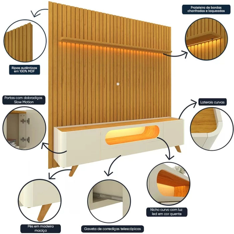 Rack Bancada Nobre Larg.2.10m + Painel Nobre Larg. 2.30m Ripado 100% MDF C/LED Naturale/Off Gelius - Imagem 4