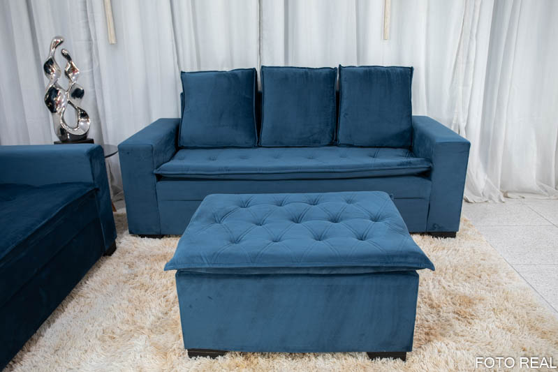 Sofá 3 e 2 lugares França com Puff Veludo Azul A16 - Imagem 3