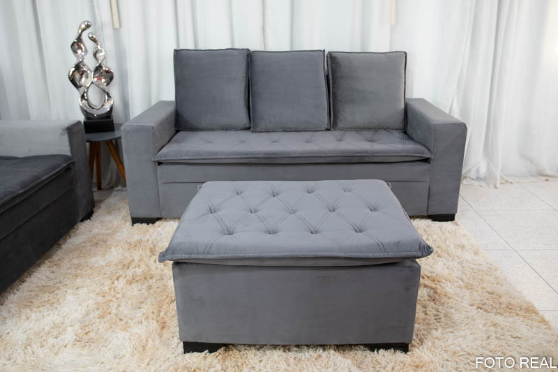 Sofá 3 e 2 lugares França com Puff Veludo Cinza A15 - Imagem 3