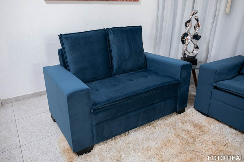 Sofá 3 e 2 lugares França com Puff Veludo Azul A16 - Imagem 4