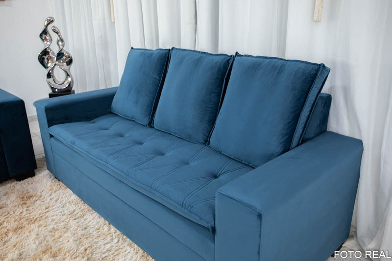 Sofá 3 e 2 lugares França com Puff Veludo Azul A16 - Imagem 5