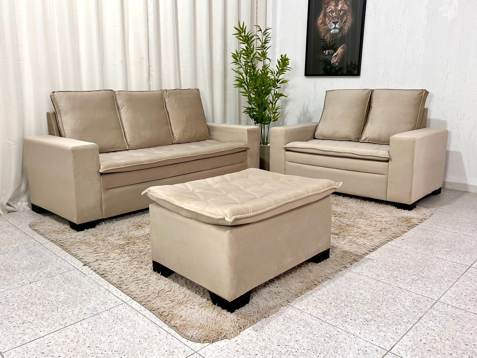 Sofá 3 e 2 lugares França com Puff Veludo Bege A32 - Imagem 2