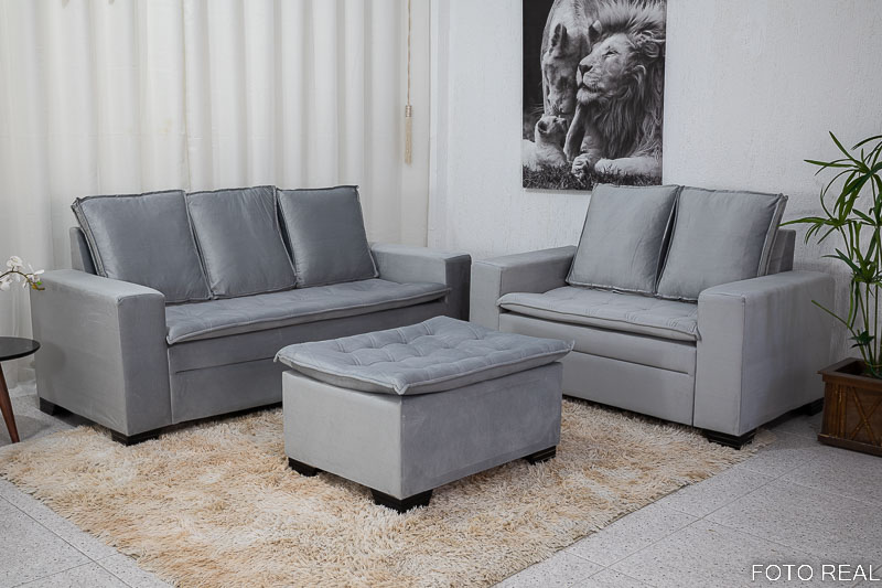 Sofá 3 e 2 lugares França com Puff Veludo Cinza A38