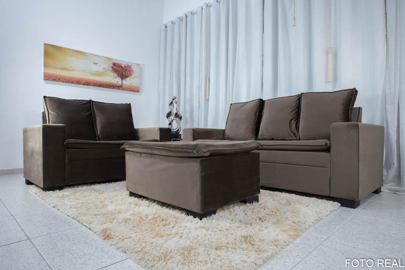 Sofá 3 e 2 lugares França com Puff Veludo Marrom A17 - Imagem 2