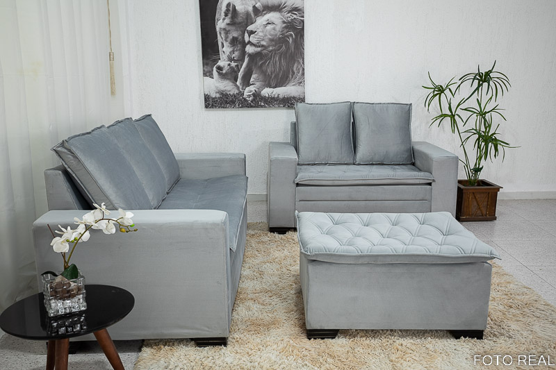 Sofá 3 e 2 lugares França com Puff Veludo Cinza A38 - Imagem 3